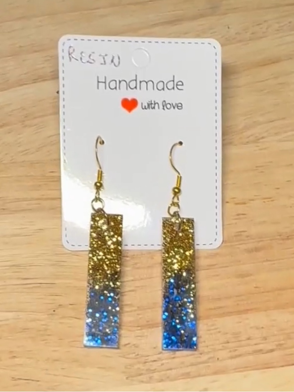 Hand Crafted Gold and Blue Glitter Ombre Resin Bar Earrings